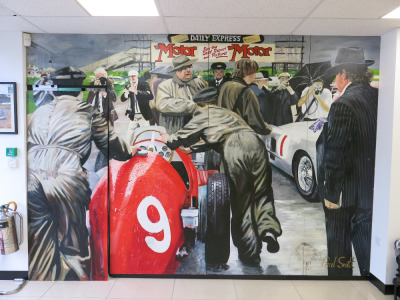 Paul Smith Original Oil On Board Art Work July 1954 Silverstone Grand Prix in 5 Sections, Size H244 x W100cm (96 x 138 Inches). Total Width 350cm. Signed by Artist & Screwed to Wall.