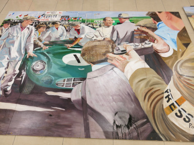 Paul Smith Original Oil On Board Art Work 1959 Goodwood TT Scene with Aston Martin, Featuring Stirling Moss in 4 Sections, Size H264 x W92.5cm (102 x 146 Inches) Total Width 368cm. Signed by Artist.
