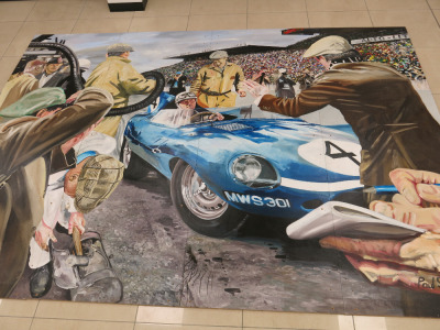 Paul Smith Original Oil On Board Art Work, 1956 Le Mans Pit lane Blue Jaguar 4, in 4 Sections, Size H264 x W92.5cm (102 x 146 Inches). Total Width 368cm. Signed by Artist.