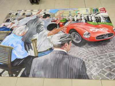 Paul Smith Original Oil On Board Art Work Maserati at the 1954 Mille Miglia in 4 Sections, Size H264 x W92.5cm (102 x 146 Inches). Total Width 368cm. Signed by Artist.