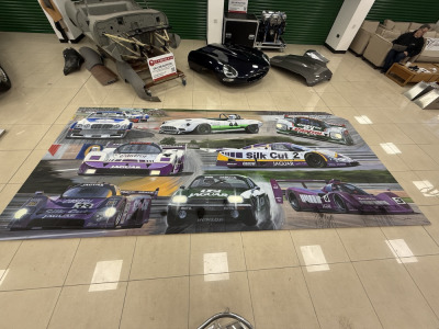 Andrew Kitson Original Acrylic on Board Art Work, Montage of Classic Jaguar Race Cars in 5 Sections, Size H244 x W122cm. Total Width 536cm. Signed By Artist & Dated 2005.