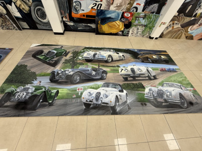 Andrew Kitson Acrylic on Board Art Work, Montage of 1950/60&rsquo;s Classic Jaguar Cars in 5 Sections, Size H244 x W122cm. Total Width 530cm. Signed By Artist & Dated 2005.