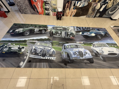 Andrew Kitson Original Acrylic on Board Art Work, Montage of Classic Jaguars in 5 Sections, Size H244 x W122cm. Total Width 588cm. Signed By Artist & Dated 2005.