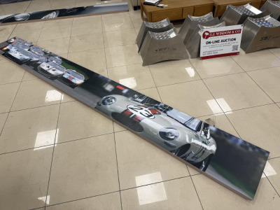 Ceiling Hung Aluminium Frame Classic Car Scene of GT 40 & Etype Race Cars. Size W440cm x H50cm.