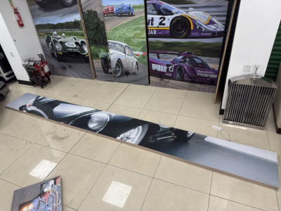 Ceiling Hung Aluminium Frame Classic Car Picture of Jaguar. Size W440cm x H50cm.