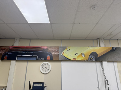 Ceiling Hung Aluminium Frame Classic Car Scene of Ferrari Dino & Aston Martin Volant Cars. Size W440cm x H50cm.