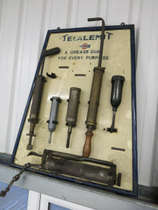 Set of Tecalemit 'Grease Gun For Every Purpose' Set of 6 (Out of 7) on Display Board. H77 x W63cm.