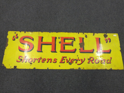 Shell 'Shortens Every Road' Vintage Original Enamel Sign. Size H46 x W137cm.