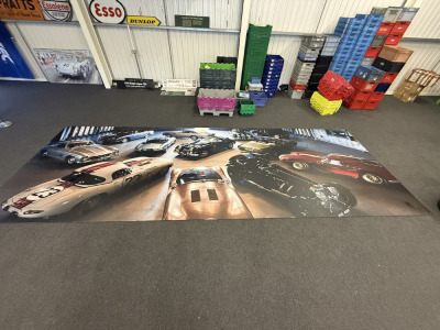 Classic Car Showroom Picture of 12 x Cars on Boards in 6 x Sections. Each Size H125 x W234cm. Total H250cm x W702cm.