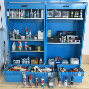 8 x Crates of New & Used Cleaning Products to Include: Polishing Pads, Polishes, Glass Cleaners, Thinners, Foam Cleaners & Adhesives (As Viewed).