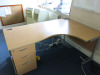 Light Wood Furniture (Located Throughout the Tower Building Offices) to Include: 2 x Round Tables, Wave Desk & Pedestal, Pigeon Hole Cabinet, 4 Drawer & 2 Drawer Filing Cabinets, 2 Door Cupboard, 4 x Chrome Framed Blue Hopsack Chairs, 4 x Operators Chairs