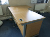Light Wood Furniture (Located Throughout the Tower Building Offices) to Include: 2 x Round Tables, Wave Desk & Pedestal, Pigeon Hole Cabinet, 4 Drawer & 2 Drawer Filing Cabinets, 2 Door Cupboard, 4 x Chrome Framed Blue Hopsack Chairs, 4 x Operators Chairs - 3