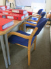 Light Wood Furniture (Located Throughout the Tower Building Offices) to Include: 2 x Round Tables, Wave Desk & Pedestal, Pigeon Hole Cabinet, 4 Drawer & 2 Drawer Filing Cabinets, 2 Door Cupboard, 4 x Chrome Framed Blue Hopsack Chairs, 4 x Operators Chairs - 10