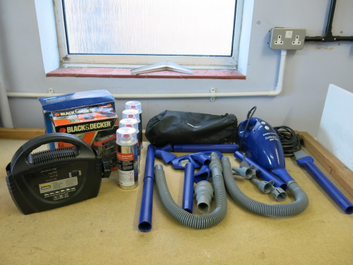 4 x Electrical Items to Include: 2 x 12v Chargers, 1 x Tyre Inflator & 1 x Mini Vacuum with Attachments & 4 x Cans of Clear Road Marking Primer. (Tower Building).