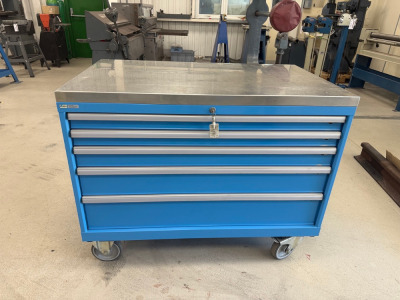 Lista 5 Draw Mobile Toolchest/Cabinet with Stainless Steel Top. Comes with Contents of Assorted Drills, taps, Parts. Size H95 x W120 x D72cm. (As Viewed & Inspected).