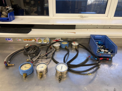 7 Assorted Test Gauges with Hoses and some fittings as Viewed and Pictured.