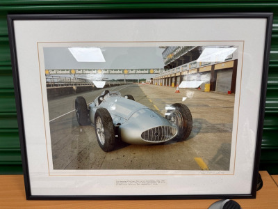 Framed & Glazed Print of a 1939 Mercedes W154 Grand Prix, Silverstone, Signed by the Photographer Peter McCall 1988. Size 65 x 49cm.