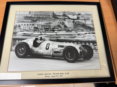 Framed & Glazed Photograph of Rudolph Garacciola in a Mercedes W125 Monaco Grand Prix 1937. Size 53 x 43cm.