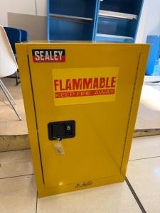 New Sealey Yellow Flammables Metal Storage Cabinet, Model FSC07. Size H89 x W58 x D45cm.