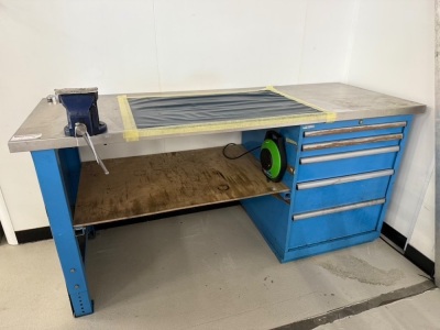 Height Adjustable Metal Framed Wood Top Workshop Table with Lista 5 Draw Cabinet & Senator Vice in Blue with Stainless Steel Top, Size W200 x D75cm.