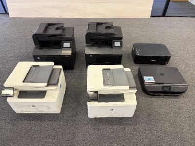 6 x Assorted Printers to Include: 2 x HP Color LaserJet Pro MFP M277dw, 2 x HP LaserJet Pro 200 Colour MFP M276n, HP Envy 4524 & Canon Pixma.