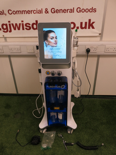 Pureskin Pure Hydro Super Facial 8 in 1 High Tech Treatment Machine, S/N 12535200963, YOM 2023. Comes with 7 x Applicators, 1 x Foot Pedal & Power Supply.