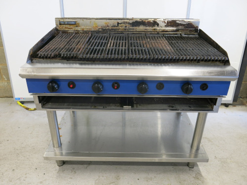 Blueseal Commercial Stainless Steel Gas Chargrill with Shelf Under & Rear Rollers. Size H110 x W120 x D80cm.
