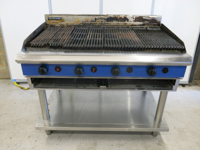 Blueseal Commercial Stainless Steel Gas Chargrill with Shelf Under & Rear Rollers. Size H110 x W120 x D80cm.