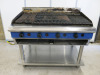 Blueseal Commercial Stainless Steel Gas Chargrill with Shelf Under & Rear Rollers. Size H110 x W120 x D80cm.