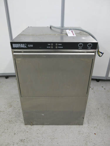 Buffalo G50 Undercounter Glasswasher, Model Buffalo 500mm, S/N 2207009892, Size H82 x W75 x D62.Comes with 2 x Trays. NOTE: requires plug.
