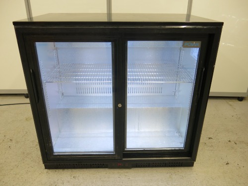 Polar G Series Double Sliding Door Back Bar Bottle Cooler, Model GL10-07, S/N CK210601840. Size H85 x W90 x D51cm.
