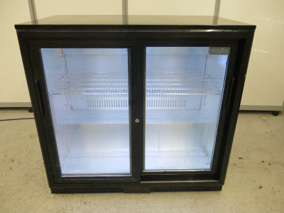 Polar G Series Double Sliding Door Back Bar Bottle Cooler, Model GL10-07, S/N CK210601840. Size H85 x W90 x D51cm.