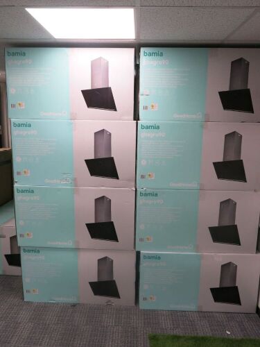 20 x Boxed/New GoodHome Bamia Glass Angled Cooker Hoods, Model GHAGRO90.
