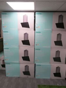 20 x Boxed/New GoodHome Bamia Glass Angled Cooker Hoods, Model GHAGRO90.