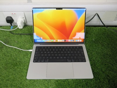 Apple 14" MacBook Pro, Model A2779 (2023), S/N GJGCRF7C9Q. Running macOS Ventura 13.7.4, Apple M2 Pro, 16GB Memory, 994.66 GB Mackintosh HD Storage, Built In Liquid Retina XDR Display.
