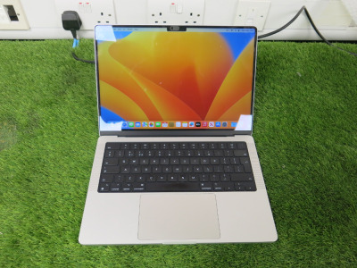 Apple 14" MacBook Pro, Model A2779 (2023), S/N MYCNXPCQRX. Running macOS Ventura 13.7.4, Apple M2 Pro, 16GB Memory, 994.66GB Mackintosh HD Storage, Built in Liquid Retina XDR Display.