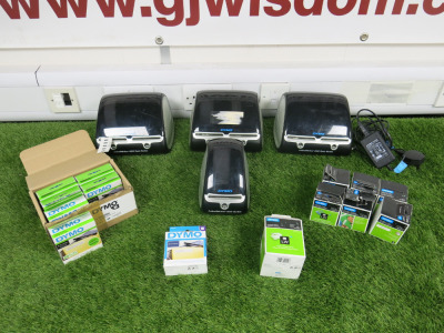 Quantity of Dymo Printers & Labels to Include: 3 x Dymo Twin Turbo Label Writer 450, 1 x Dymo Turbo Label Printer 450, 6 x Packs of S0722550 Labels, 6 x Packs of S0722460 File Labels & 2 x Other. NOTE: only 1 x power supply.