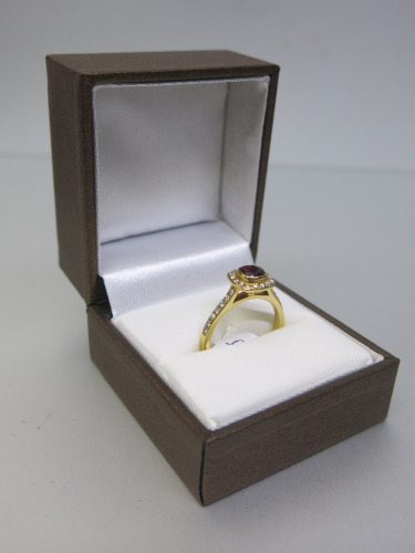 18ct Gold Ring, Red Precious Centre Stone with Diamond Chip Surround & Shoulders. Ring Size L. RRP &pound;2695.