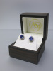 Pair of 18ct White Gold Earrings with Round Precious Purple Stone Stud & Diamond Cluster Surround in Box. RRP Unknown. NOTE: missing clasps.