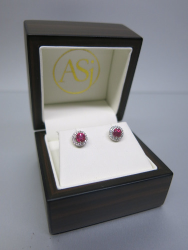 Pair of 18ct White Gold Earrings with Round Ruby Stone Stud & Diamond Cluster Surround in Box. RRP &pound;1595. NOTE: missing 1 x clasp.