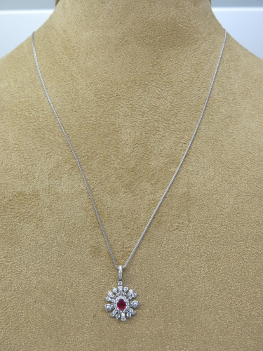 18ct White Gold Ruby & Diamond (0.79ct) Fancy Pendant with 9ct White Gold Chain. RRP &pound;1875.