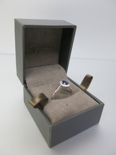 18ct White Gold Precious Blue Stone Ring with Diamond Cluster Surround. Ring Size L. RRP &pound;1395.
