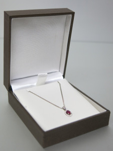 9ct White Gold 16" Chain & 18ct White Gold Pendant with Ruby Centre & Diamond Surround. RRP &pound;395.