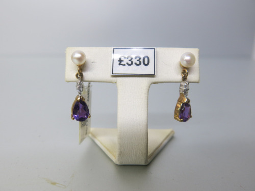 Pair of 9ct Gold, Fresh Water Pearl Studs with Amethyst & Diamond Drop Earrings. RRP &pound;330.