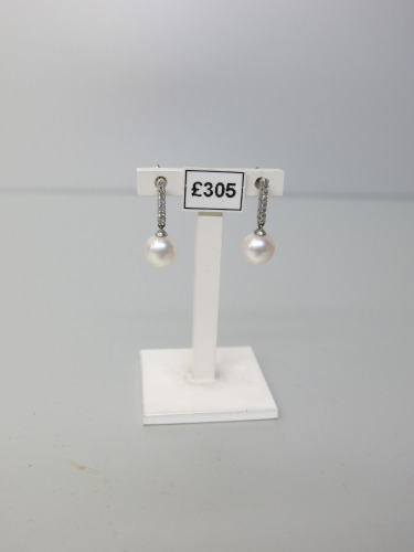 Pair of 9ct White Gold, 7mm Pearl with Diamond Drop Earrings. RRP &pound;305.