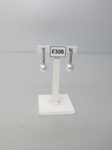 Pair of 9ct White Gold, 7mm Pearl with Diamond Drop Earrings. RRP &pound;305.
