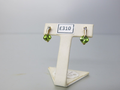 Pair of 9ct Gold, Green Stone & Diamond Earrings. RRP &pound;310. NOTE: 1 x earring broken, requires repair.