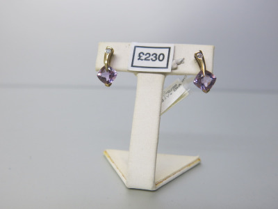Pair of 9ct Gold, Square Amethyst & Diamond Earrings. RRP &pound;230.