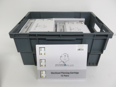 Crate Containing 16 Boxes of 12 Studio Plus Sterilized Piercing Earrings (Note Crate Not Included, Some Boxes May Be Incomplete).