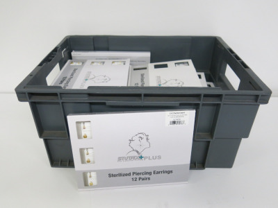 Crate Containing 16 Boxes of 12 Studio Plus Sterilized Piercing Earrings (Note Crate Not Included, Some Boxes May Be Incomplete).
